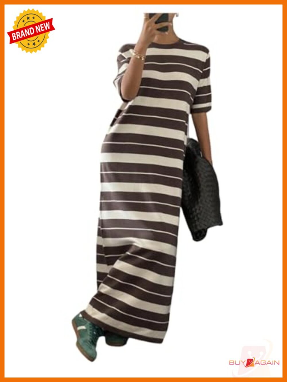 Striped Knit Maxi Dress Short Sleeve Crew Neck Sweater Dress